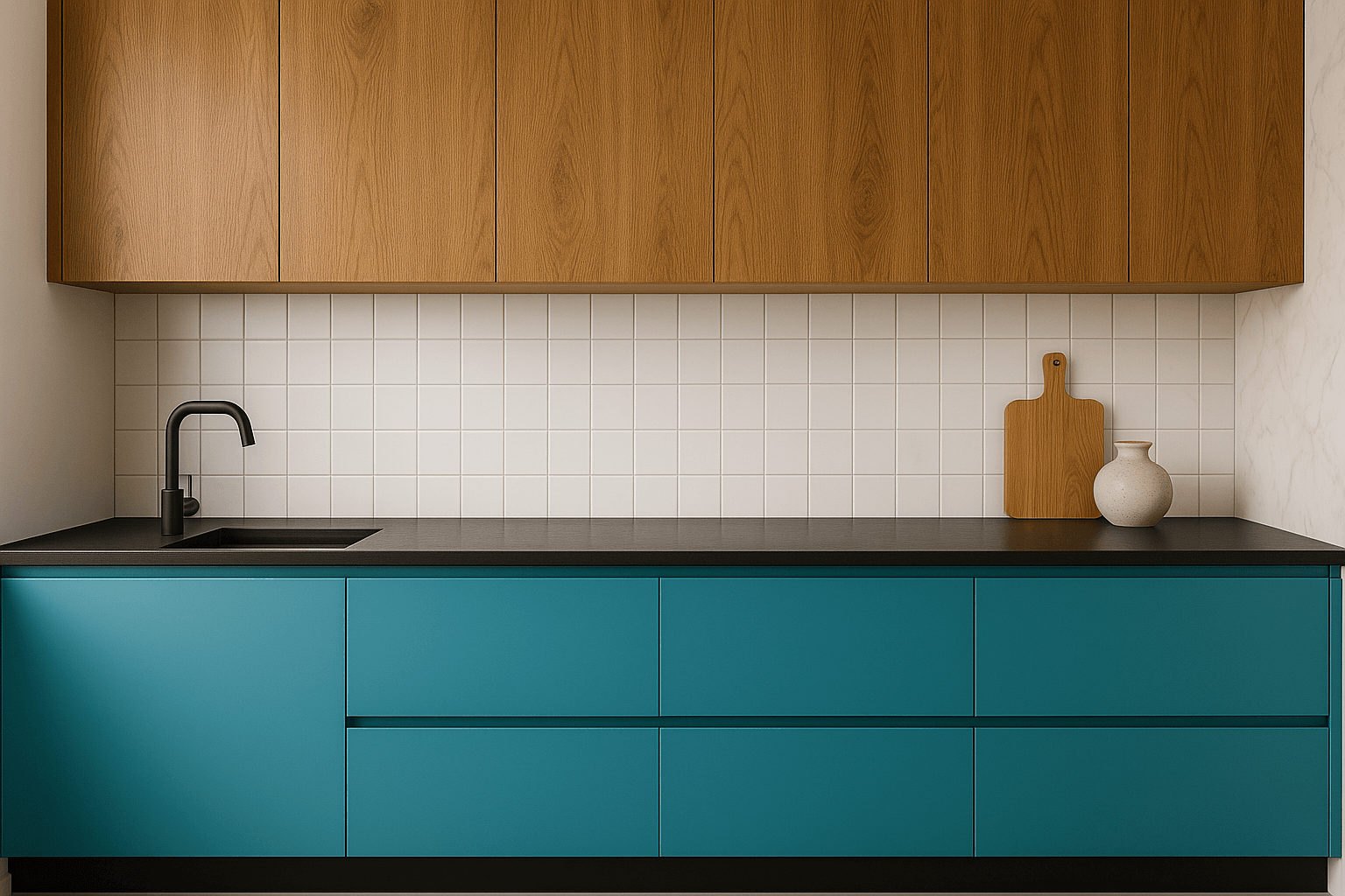 A modern kitchen featuring wood-textured upper cabinets, bold turquoise lower cabinets, a sleek black countertop, and a crisp white tiled backsplash with a marble-patterned accent wall.