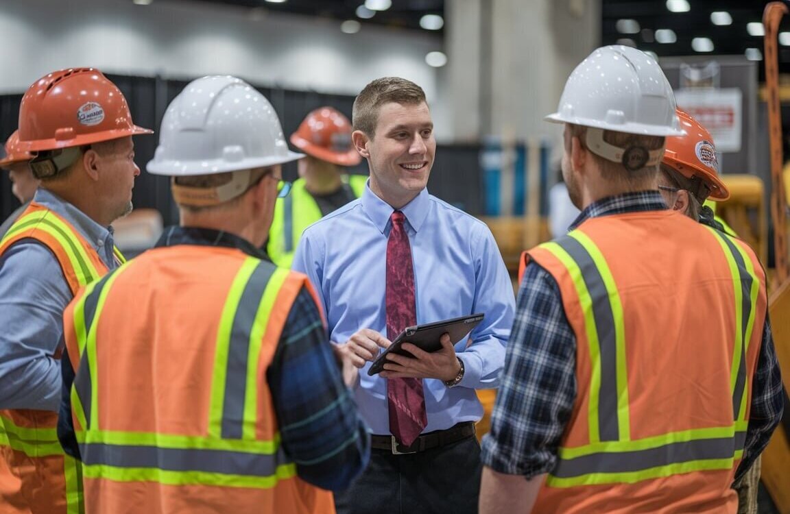A salesperson of a building material business is talking to a group of builders to showcase the products.