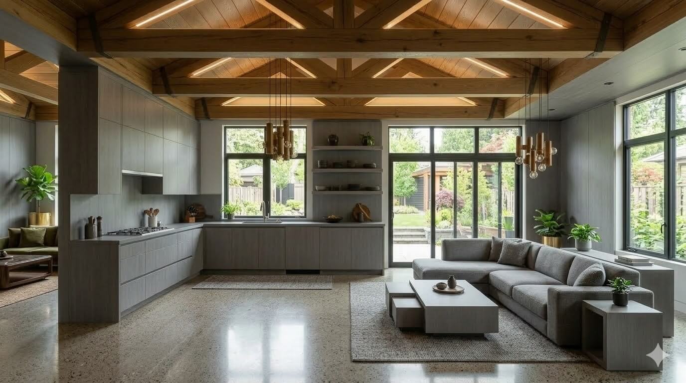 A bright living room decorated with grey laminate.