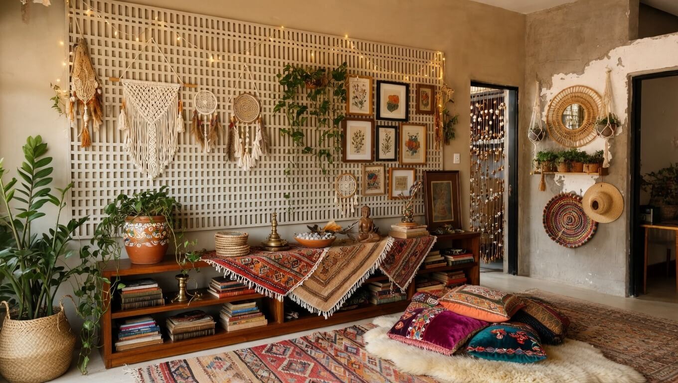 A Bohemian-style living room with lattice wall treatment.