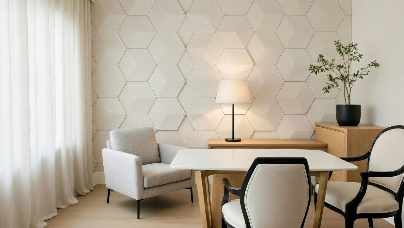 An elegant white-themed dining space with hexagon geometric design wall panels.
