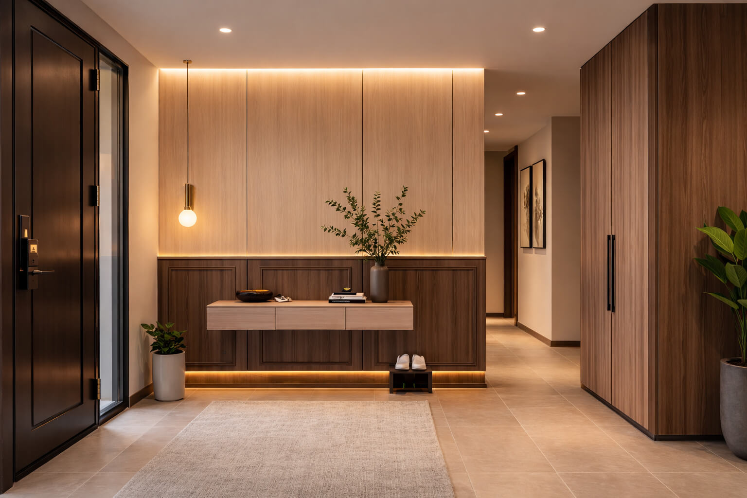 A well-organized entry space of an apartment with two-tone wood paneling.