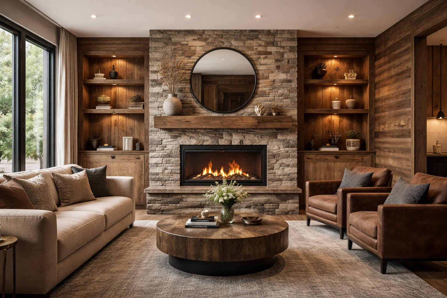A modern living room featuring a stone fireplace and elegant rustic wood paneling on the walls.