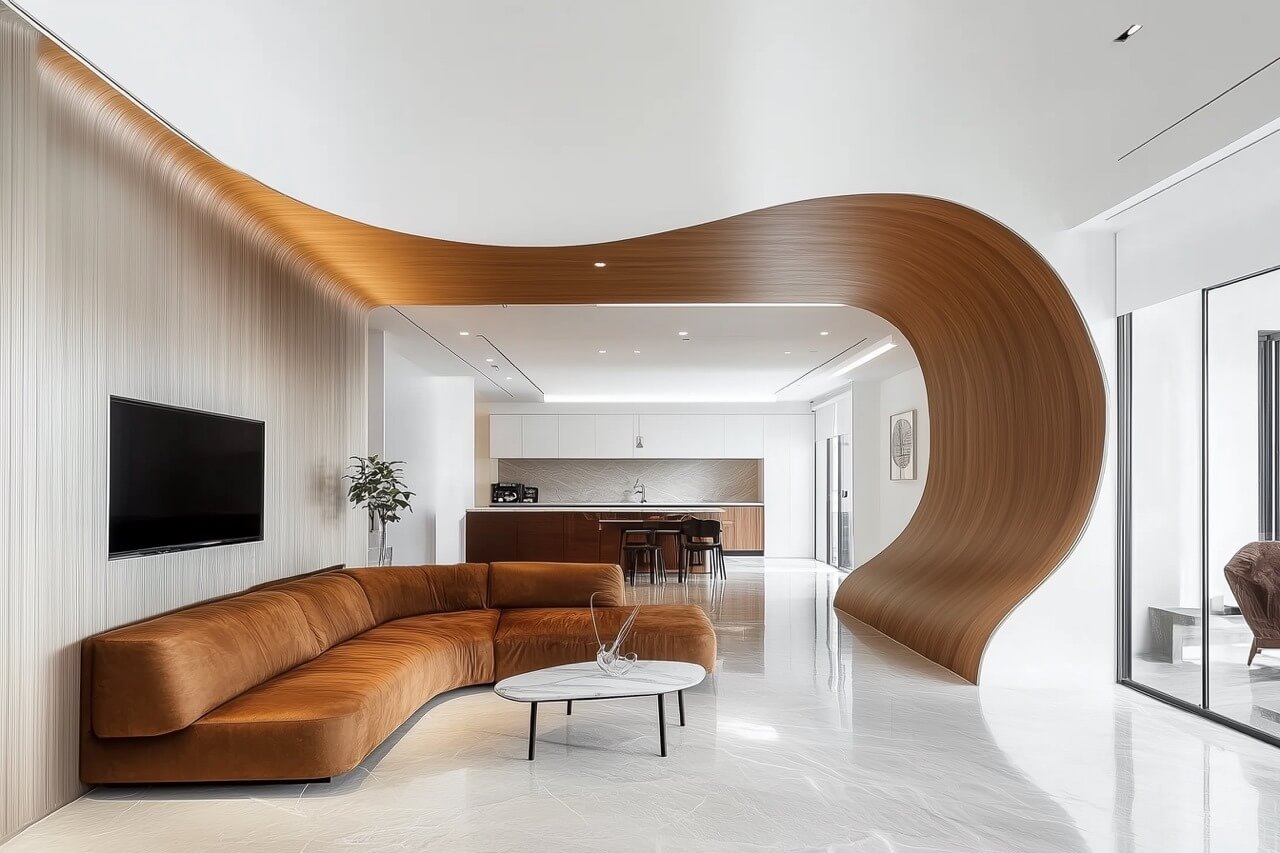 A modern living room featuring a stylish curved wall with elegant wall panels.
