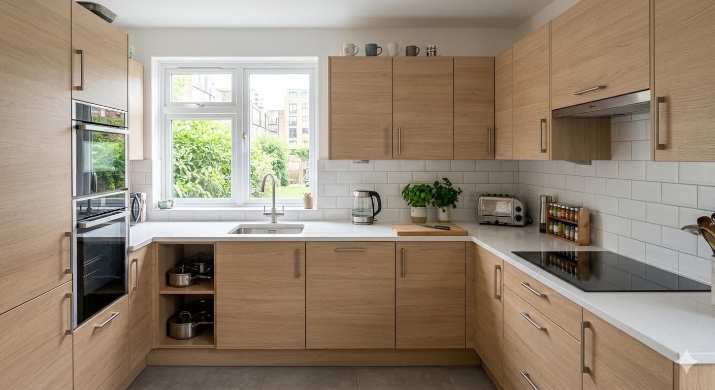 A modern kitchen decorated with laminates.