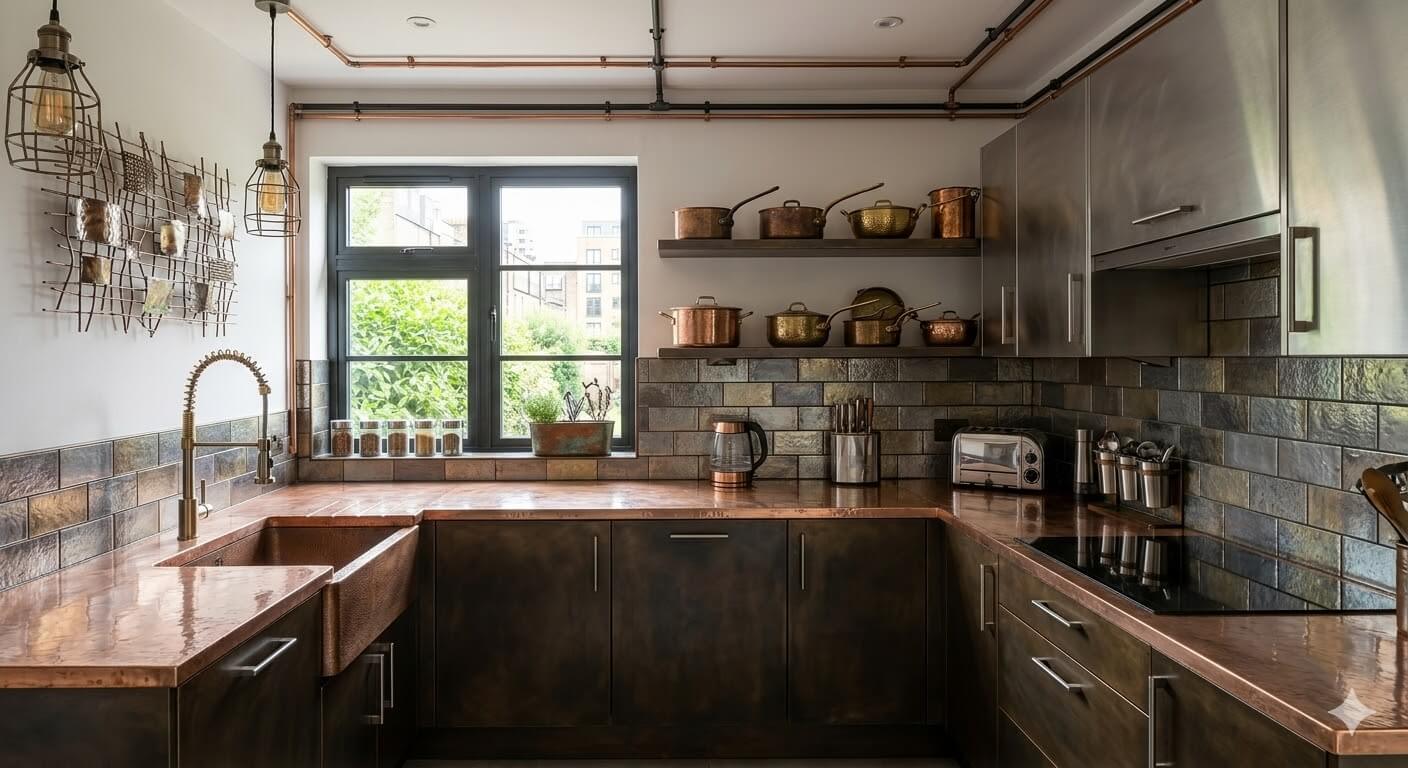 A modern kitchen decorated with metallic materials.