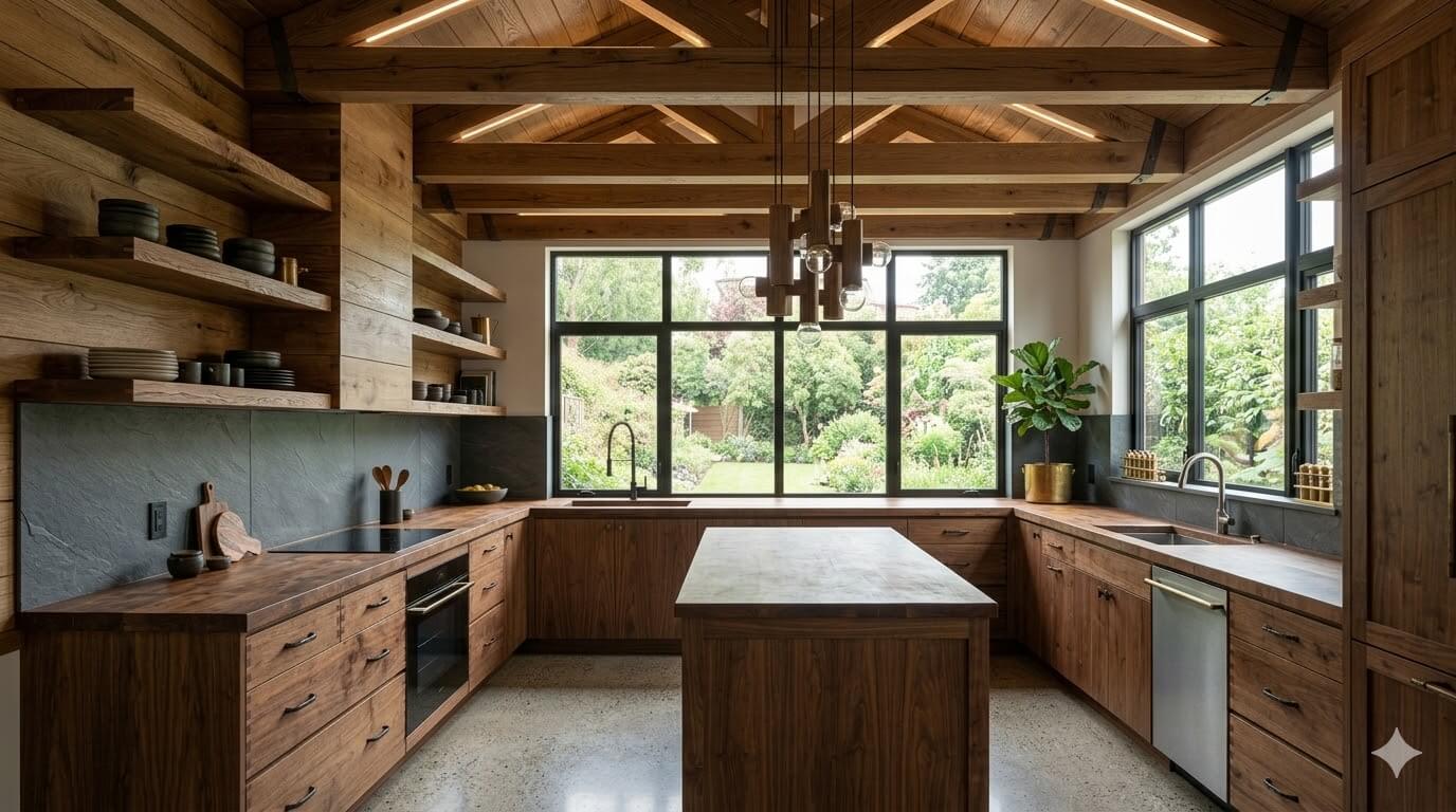 A modern kitchen decorated with solid wood.