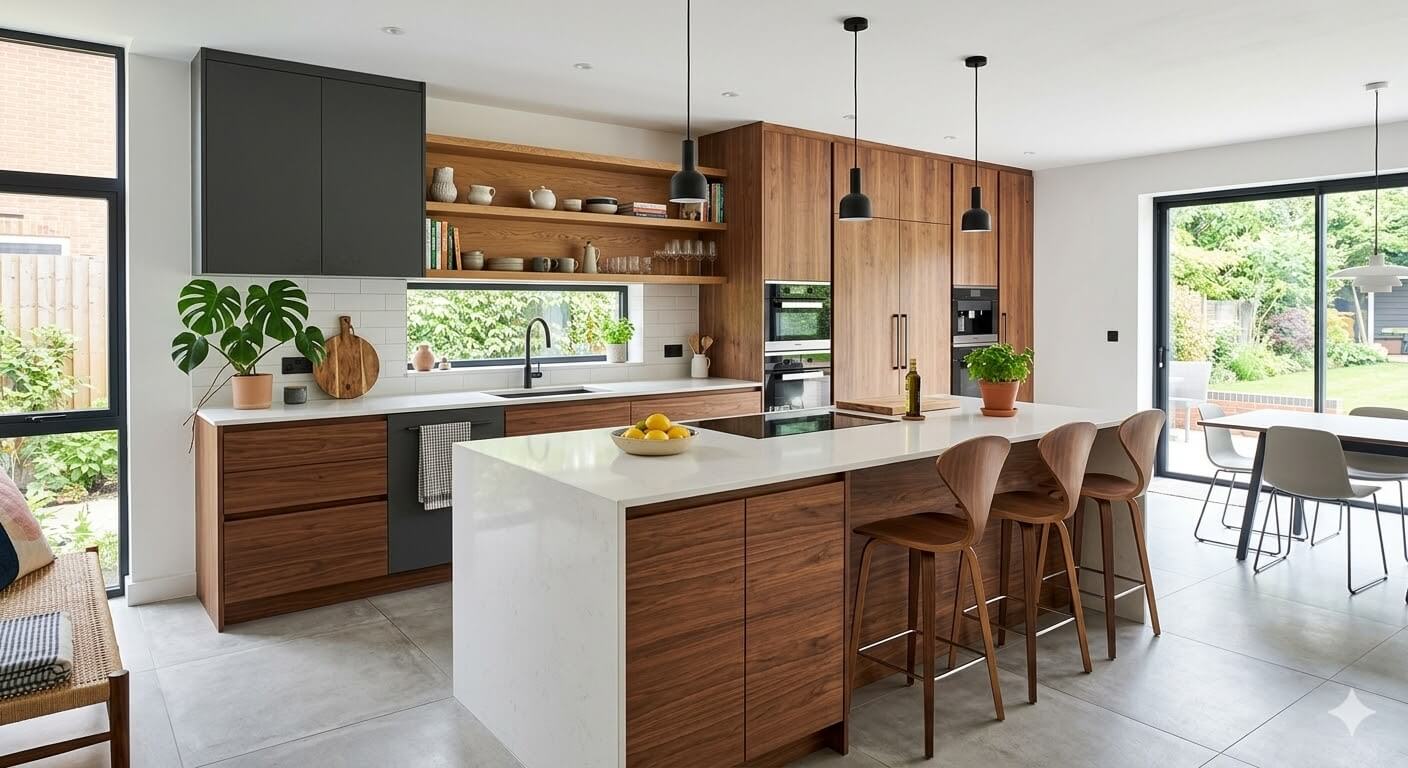 A modern kitchen decorated with wood veneer.