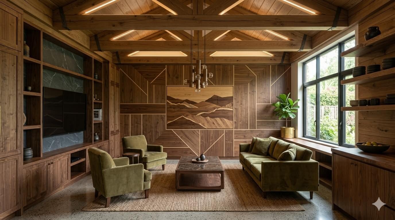 A living room decorated with wood veneer.