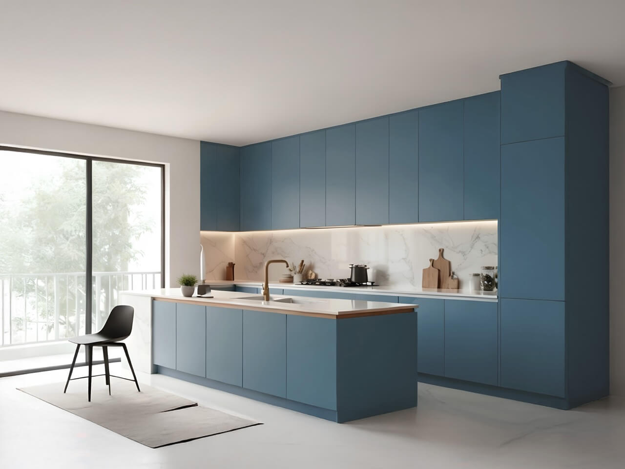 A modern kitchen decorated with blue painted panels.