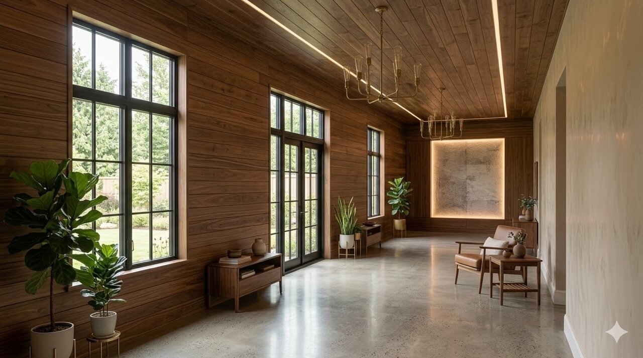 A wide hallway decorated with horizontal wood paneling.