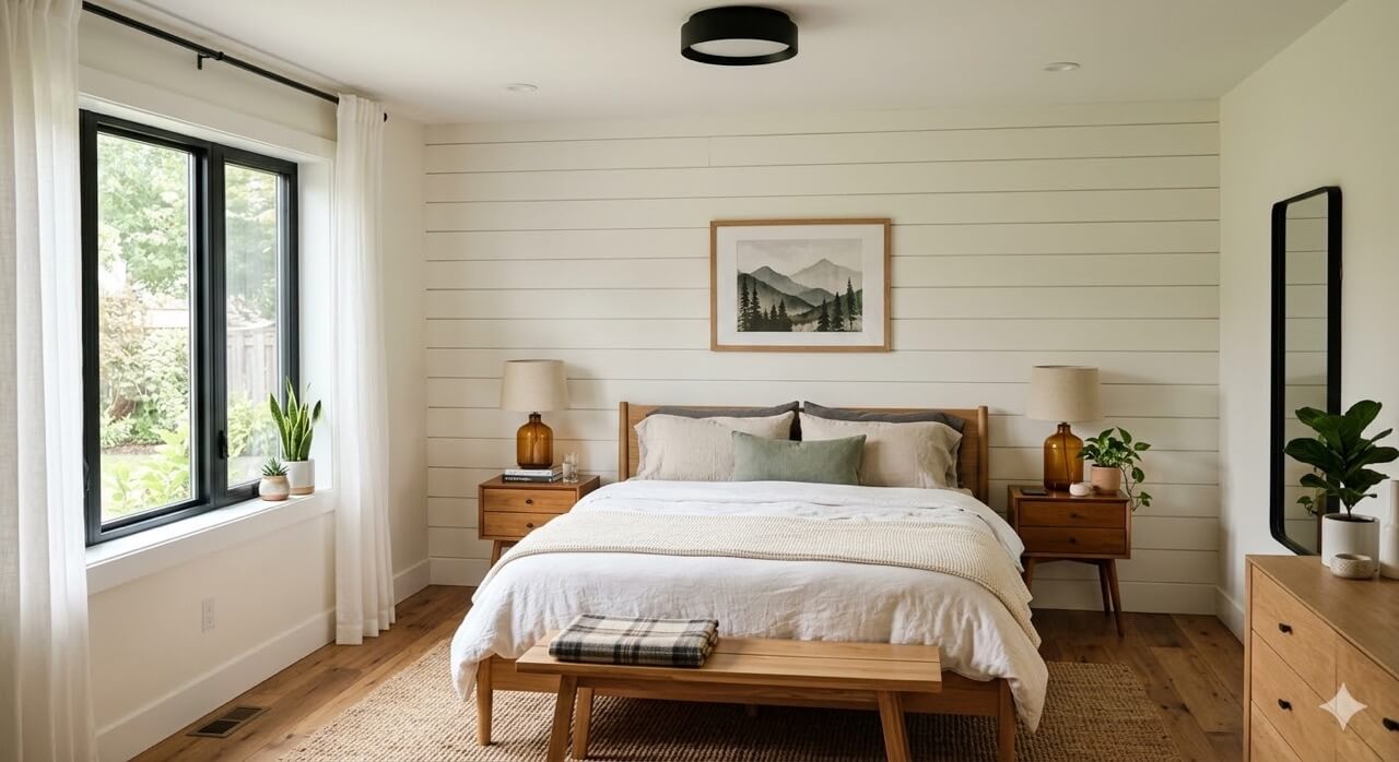 A neatly made bed with neutral bedding stands against a white shiplap wall.