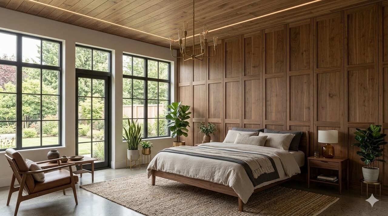 A cozy bedroom featuring tongue-and-groove wood paneling and a neatly made bed.