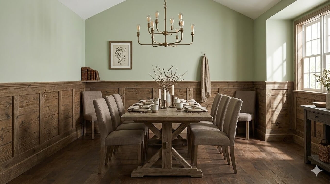 A dining room with a wooden table set for eight, upholstered chairs, a chandelier, and wooden wainscoted walls.