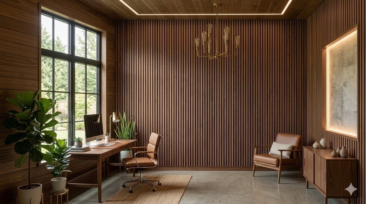 A quiet home office space with a wood slat panel in the background.